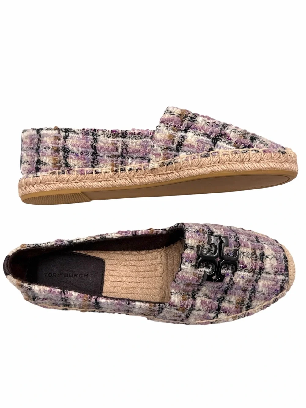Tory Burch Everly Tweed Espadrille Slip-On Flats Double T Logo Size 8